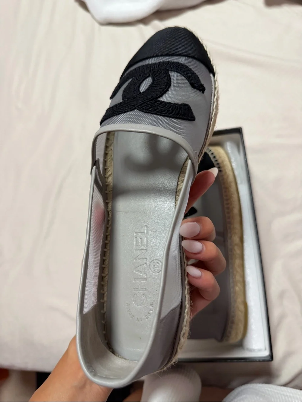 AUTHENTIC CHANEL Black & Gray Mesh Espadrilles with Jute Sole